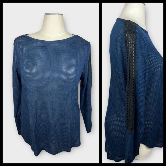 Soft Surroundings Bailey Waffle Knit Dark Blue Thermal Crochet Top Petite Large - Picture 1 of 10